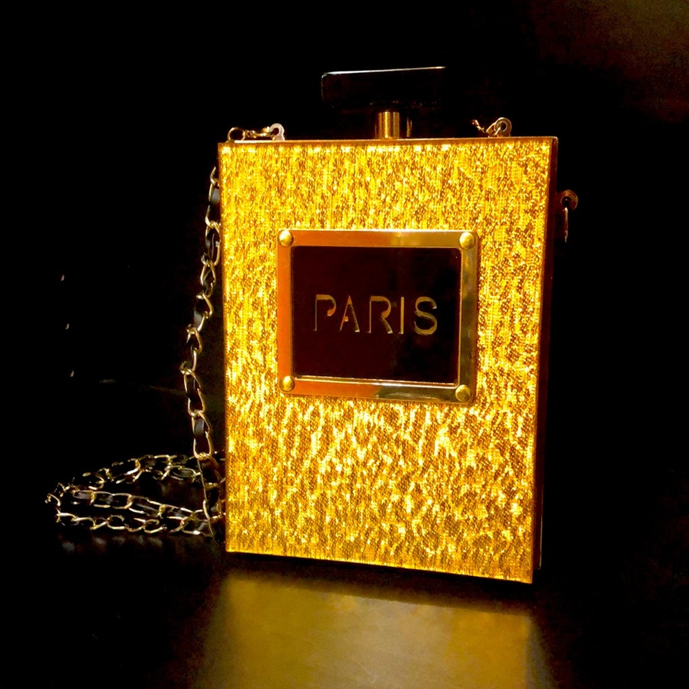 Hard Acrylic Metallic Gold Perfume Bottle Clutch Purse